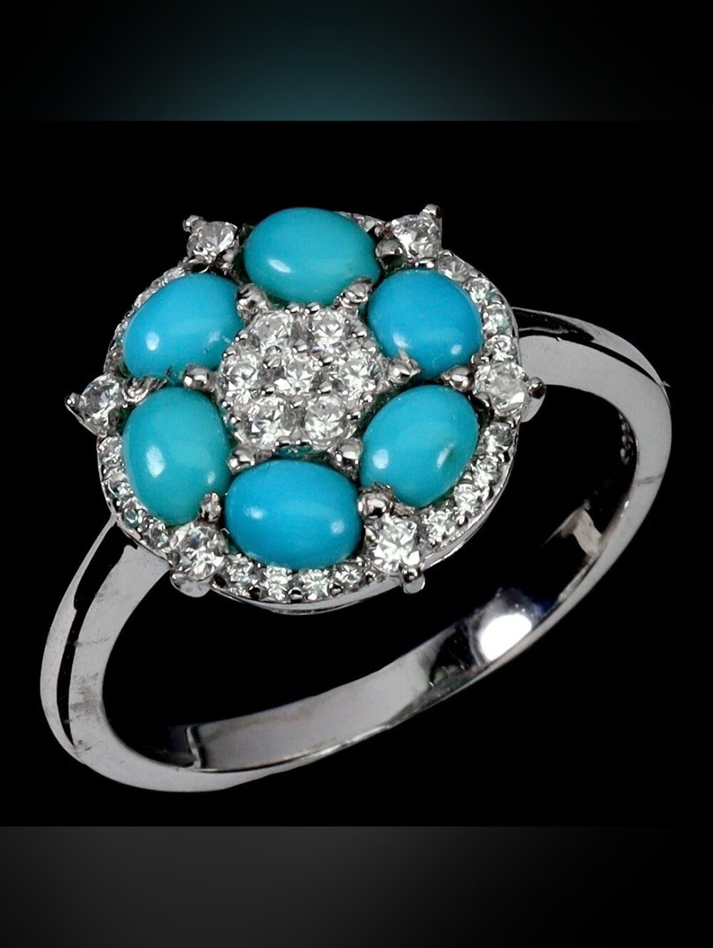 Turquoise Floral Halo Ring - Blue Gemstone Fashion Ring